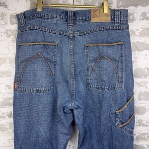 KARL KANI Vtg Y2K Hip Hop Baggy Jeans Carpenter Pants 38x33 Suede Leather Trim